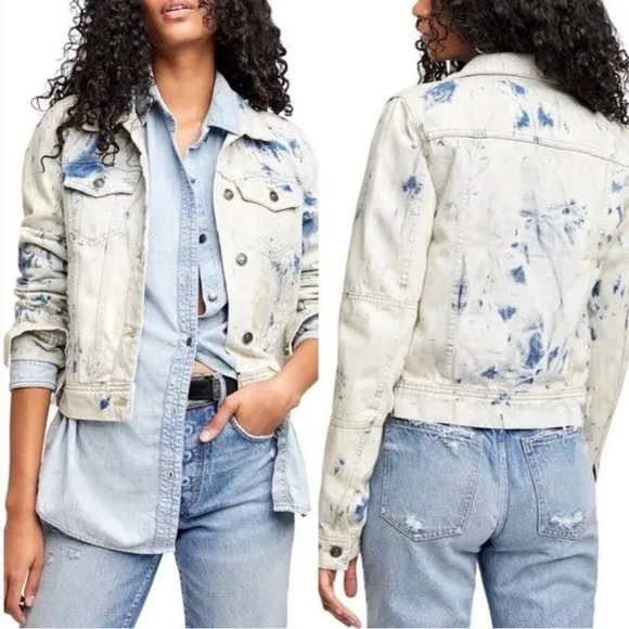 Free People Tie Dye Bleach Washed Buttondown Long Sleeve Denim Jean Jacket M