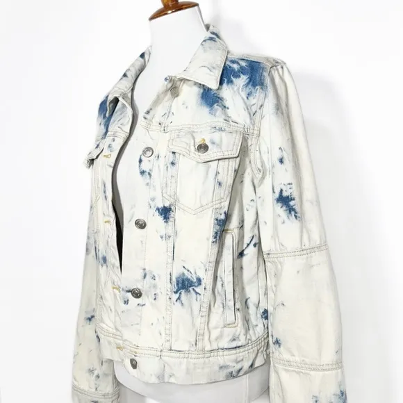 Free People Tie Dye Bleach Washed Buttondown Long Sleeve Denim Jean Jacket M