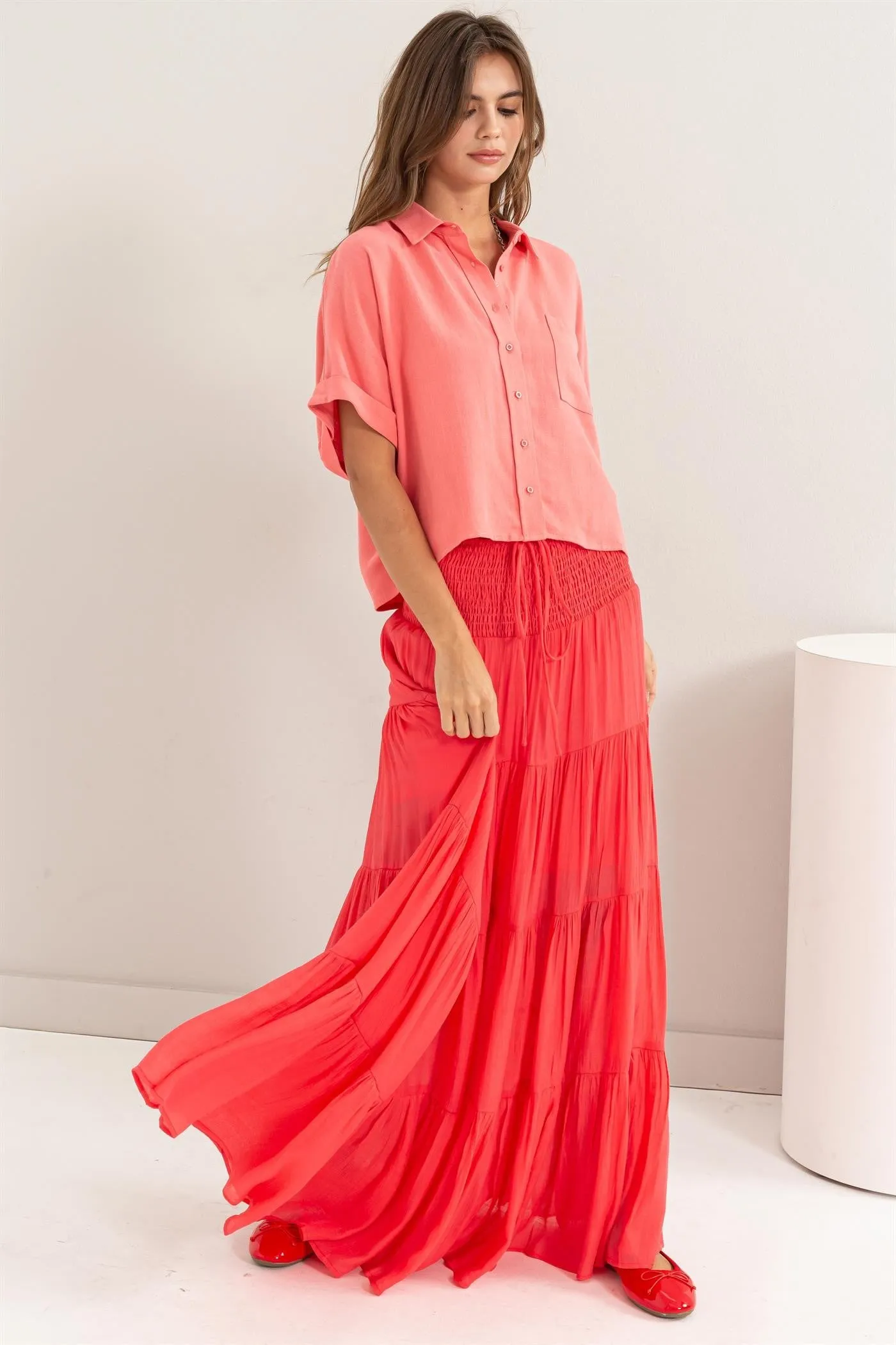 Freya Smocked Waist Maxi Skirt | Coral