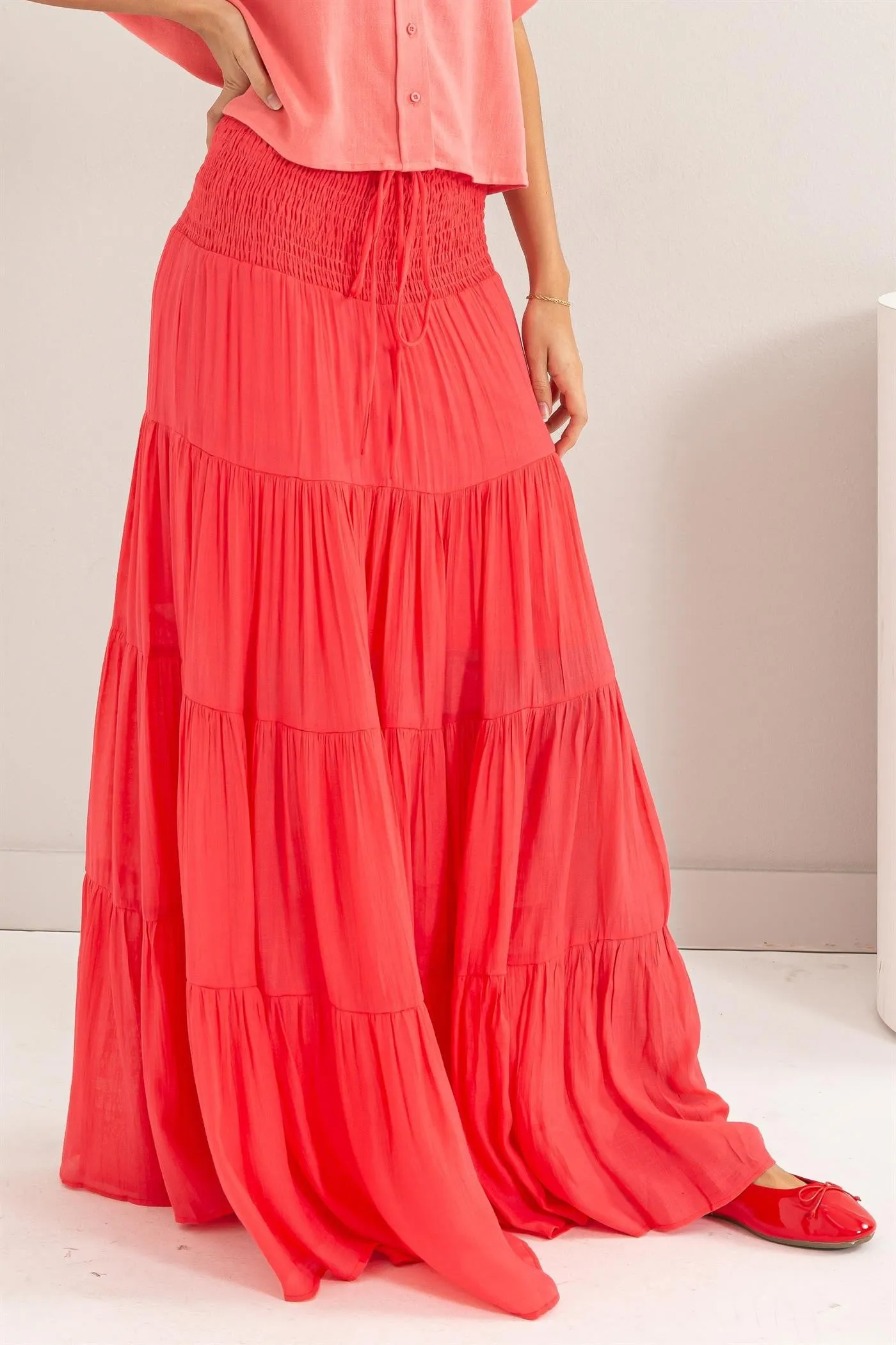 Freya Smocked Waist Maxi Skirt | Coral