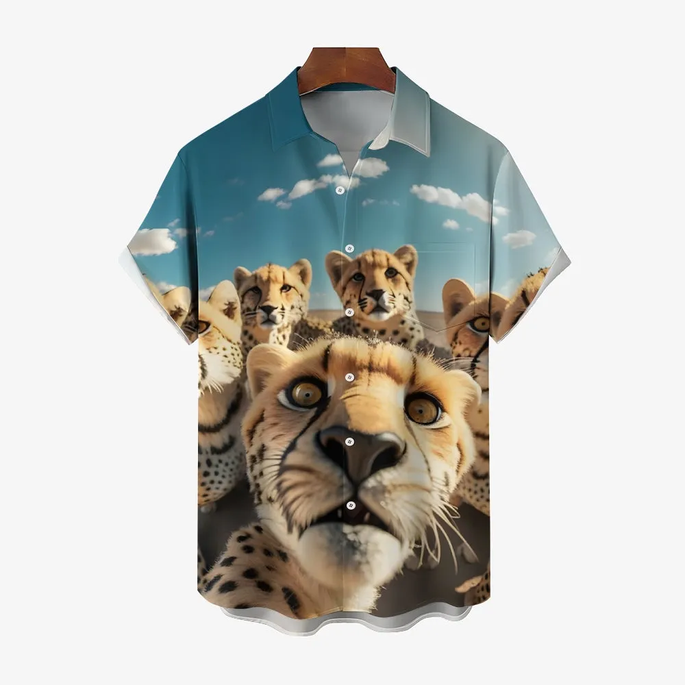 Fun Animal Selfie Print Casual Oversized Short Sleeve Shirt 2406002093