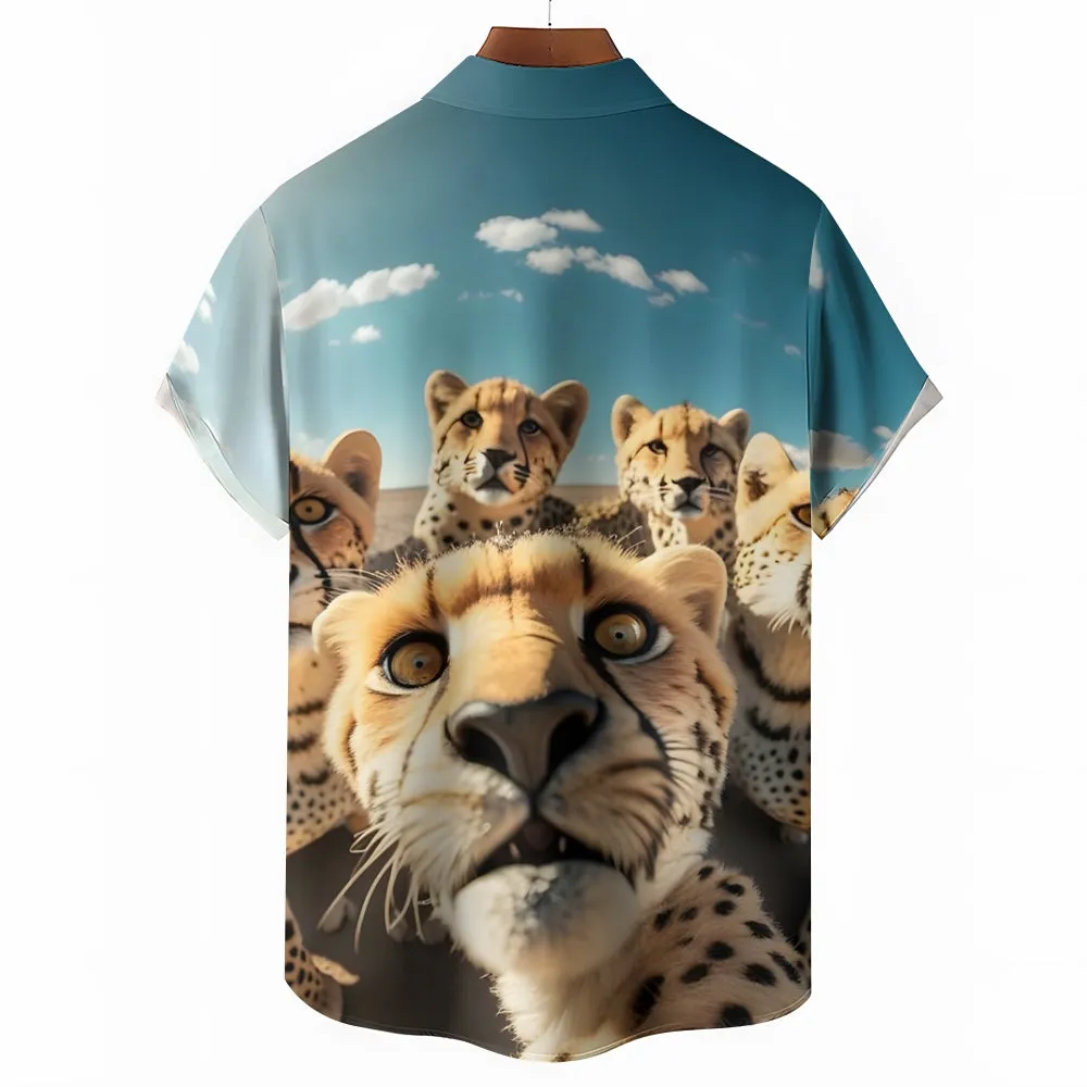 Fun Animal Selfie Print Casual Oversized Short Sleeve Shirt 2406002093