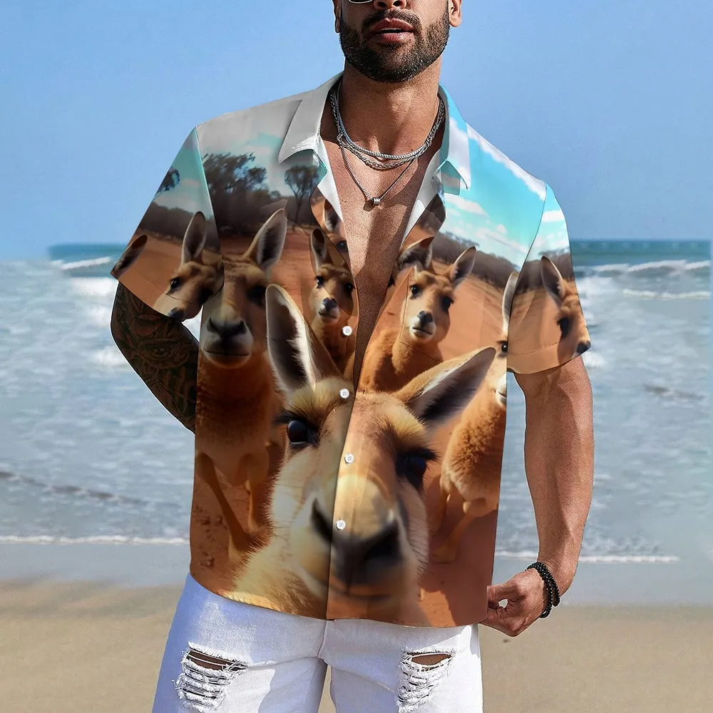 Fun Animal Selfie Print Casual Oversized Short Sleeve Shirt 2406002093