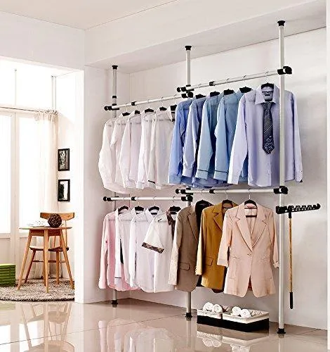 Goldcart GC552222 Portable Indoor Garment Rack Coat Hanger Clothes Wardrobe, Height 160-320cm Width 120-220cm Adjustable, Grey Close to White Pipes and Black Brackets, 2 Count