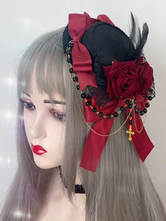 Gothic Lolita Hat Chains Pearls Accessory Polyester Burgundy Lolita Accessories