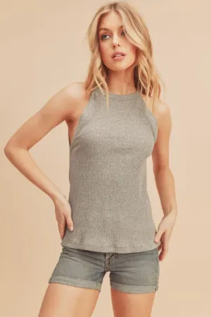 Gray Ribbed Round Neck Tank