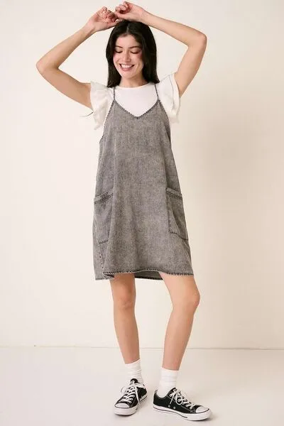 Gray Washed Patch Pocket Mini Cami Denim Dress