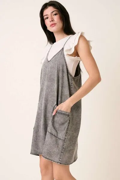 Gray Washed Patch Pocket Mini Cami Denim Dress