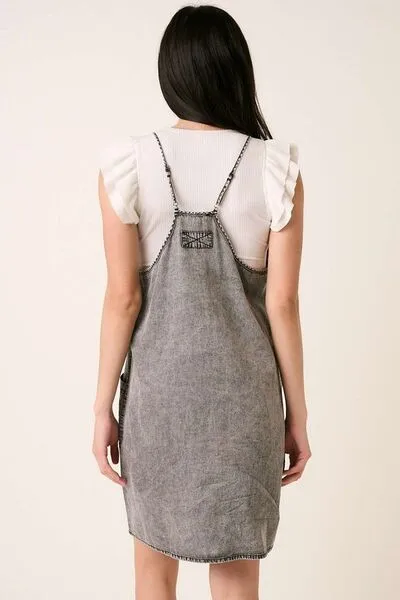 Gray Washed Patch Pocket Mini Cami Denim Dress
