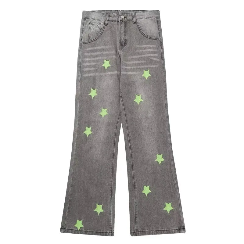 Green Star Embroidery Straight Jeans