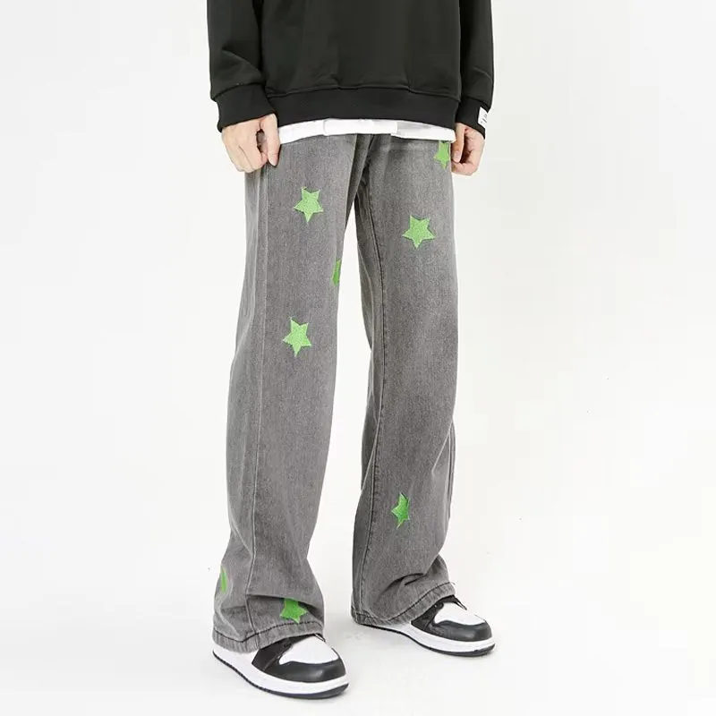 Green Star Embroidery Straight Jeans