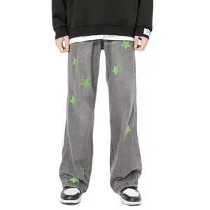 Green Star Embroidery Straight Jeans