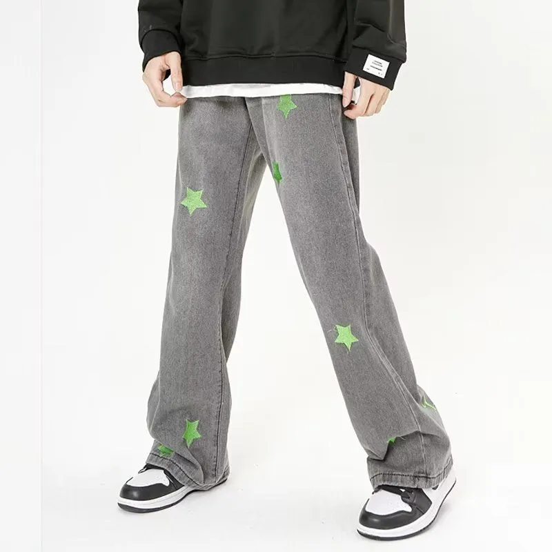 Green Star Embroidery Straight Jeans