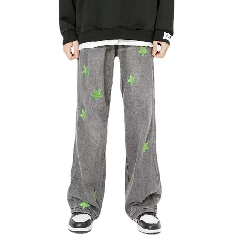 Green Star Embroidery Straight Jeans