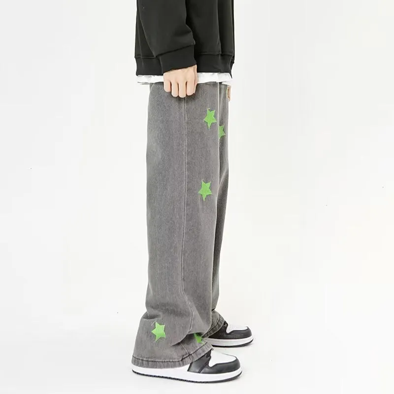 Green Star Embroidery Straight Jeans