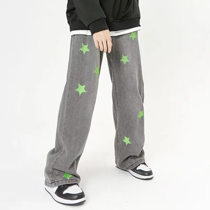 Green Star Embroidery Straight Jeans