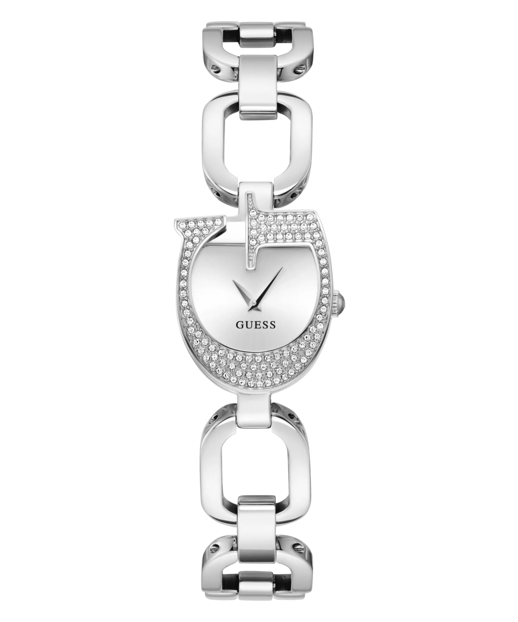 Guess Gia Polished Silver Tone Logo Case With Crystals Sunray Silver Dial And Polished Silver Tone Bracelet With Adjustable G Links GW0683L1