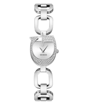 Guess Gia Polished Silver Tone Logo Case With Crystals Sunray Silver Dial And Polished Silver Tone Bracelet With Adjustable G Links GW0683L1