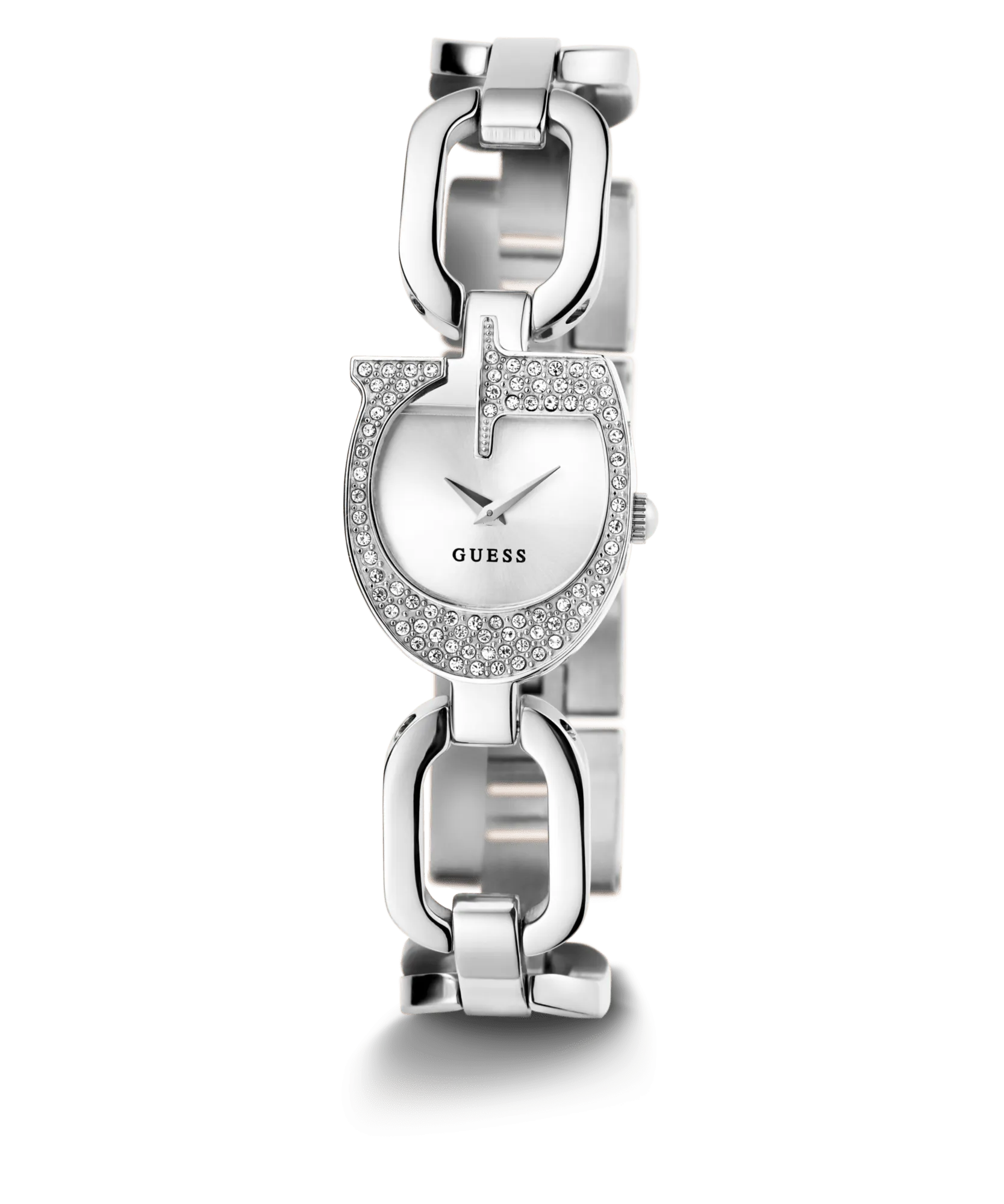 Guess Gia Polished Silver Tone Logo Case With Crystals Sunray Silver Dial And Polished Silver Tone Bracelet With Adjustable G Links GW0683L1