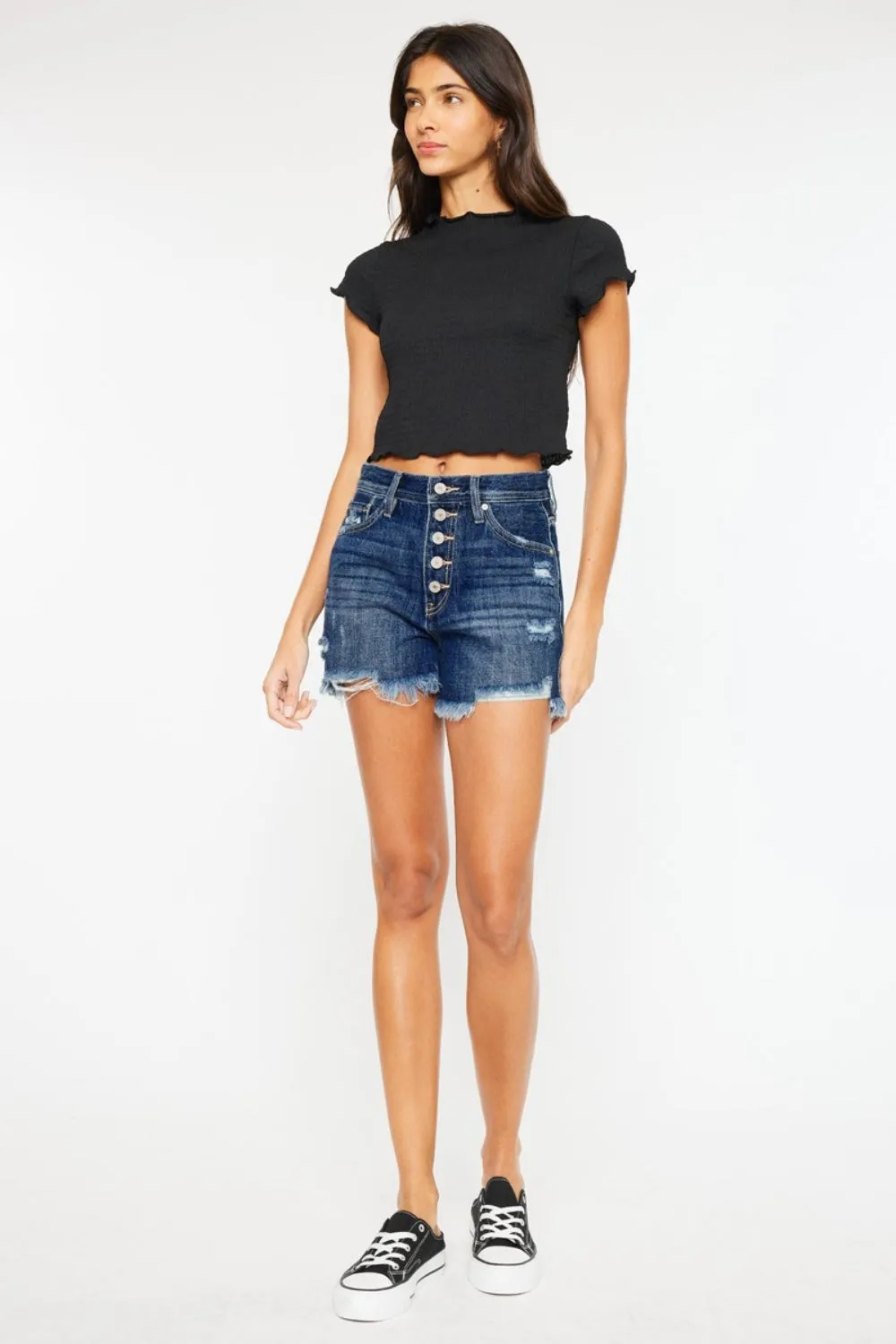 Hazel Blues® |  Kancan Raw Hem Button-Fly Denim Shorts