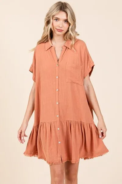 Hazel Blues® |  Mittoshop Linen Blend Button Down Shirt Mini Dress