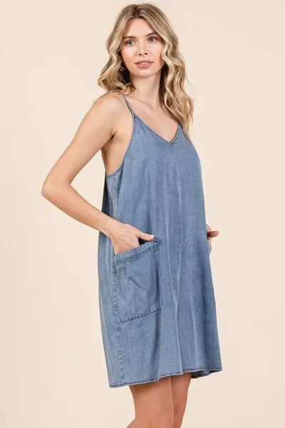 Hazel Blues® |  Mittoshop Washed Patch Pocket Mini Cami Denim Dress