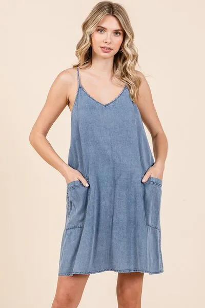 Hazel Blues® |  Mittoshop Washed Patch Pocket Mini Cami Denim Dress