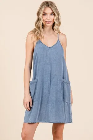 Hazel Blues® |  Mittoshop Washed Patch Pocket Mini Cami Denim Dress