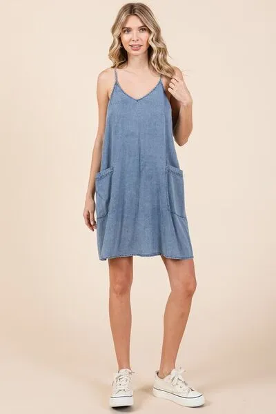 Hazel Blues® |  Mittoshop Washed Patch Pocket Mini Cami Denim Dress