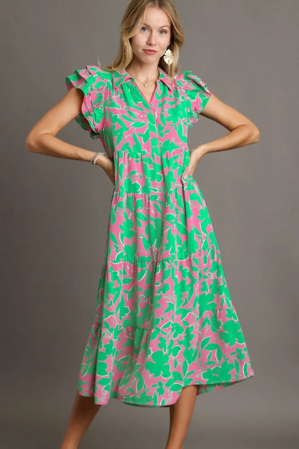 Hazel Blues® | Umgee Floral Collared Ruffle Cap Sleeve Midi Dress