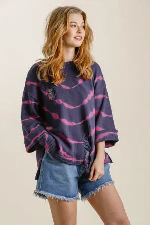 Hazel Blues® | Umgee Tie Dye Side Slit Round Neck Distressed Detail Sweater