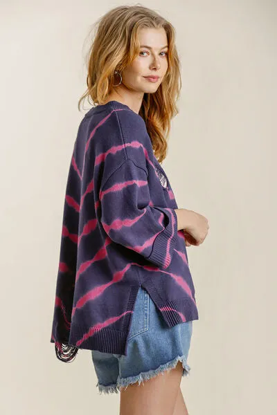 Hazel Blues® | Umgee Tie Dye Side Slit Round Neck Distressed Detail Sweater