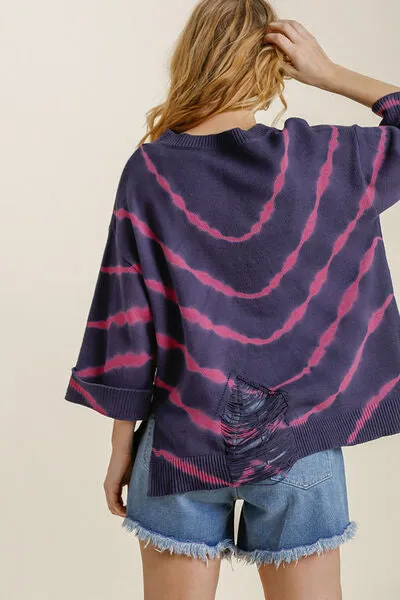 Hazel Blues® | Umgee Tie Dye Side Slit Round Neck Distressed Detail Sweater