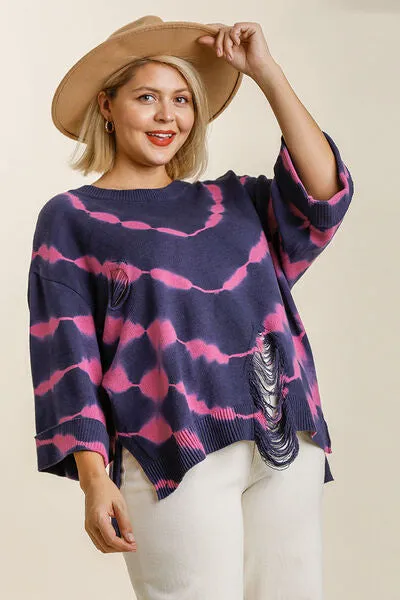Hazel Blues® | Umgee Tie Dye Side Slit Round Neck Distressed Detail Sweater