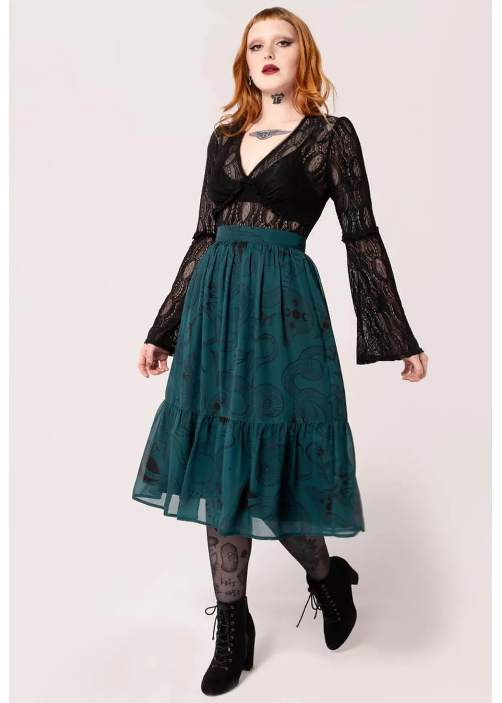 Hell Bunny Venom Snake 70's Skirt Green