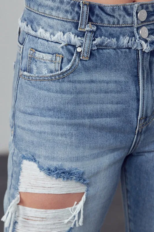 High Rise Double Waistband Released Hem Jeans