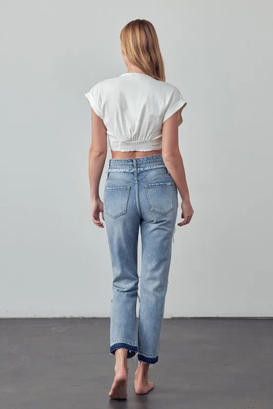 High Rise Double Waistband Released Hem Jeans