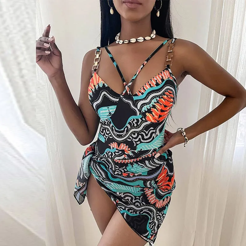 Leopard Pattern Chains Decoration Swimsuit Set