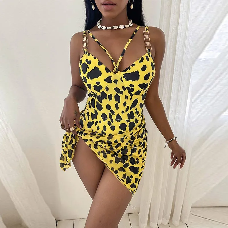 Leopard Pattern Chains Decoration Swimsuit Set