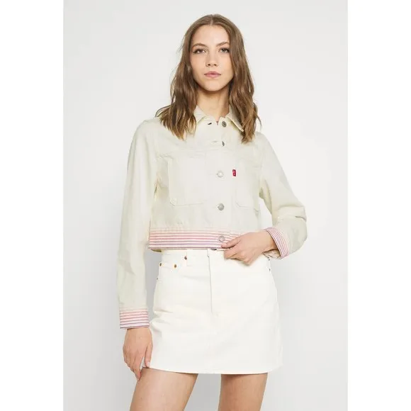 Levis Premium Rainbow Ribcage Skirt 32 Beige Denim Jean High Rise Button Fly New