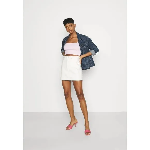 Levis Premium Rainbow Ribcage Skirt 32 Beige Denim Jean High Rise Button Fly New