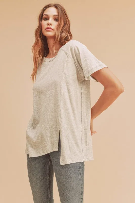 Light Gray Asymmetrical Front Slit Round Neck Raglan Sleeve T-Shirt