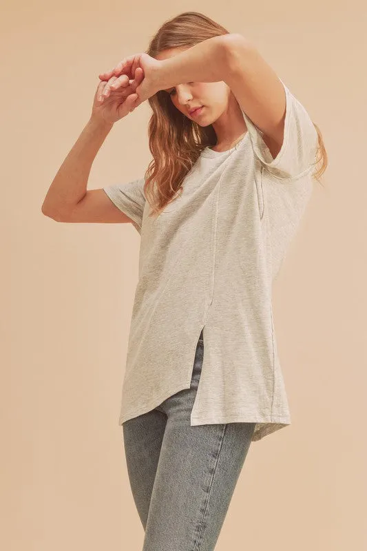 Light Gray Asymmetrical Front Slit Round Neck Raglan Sleeve T-Shirt