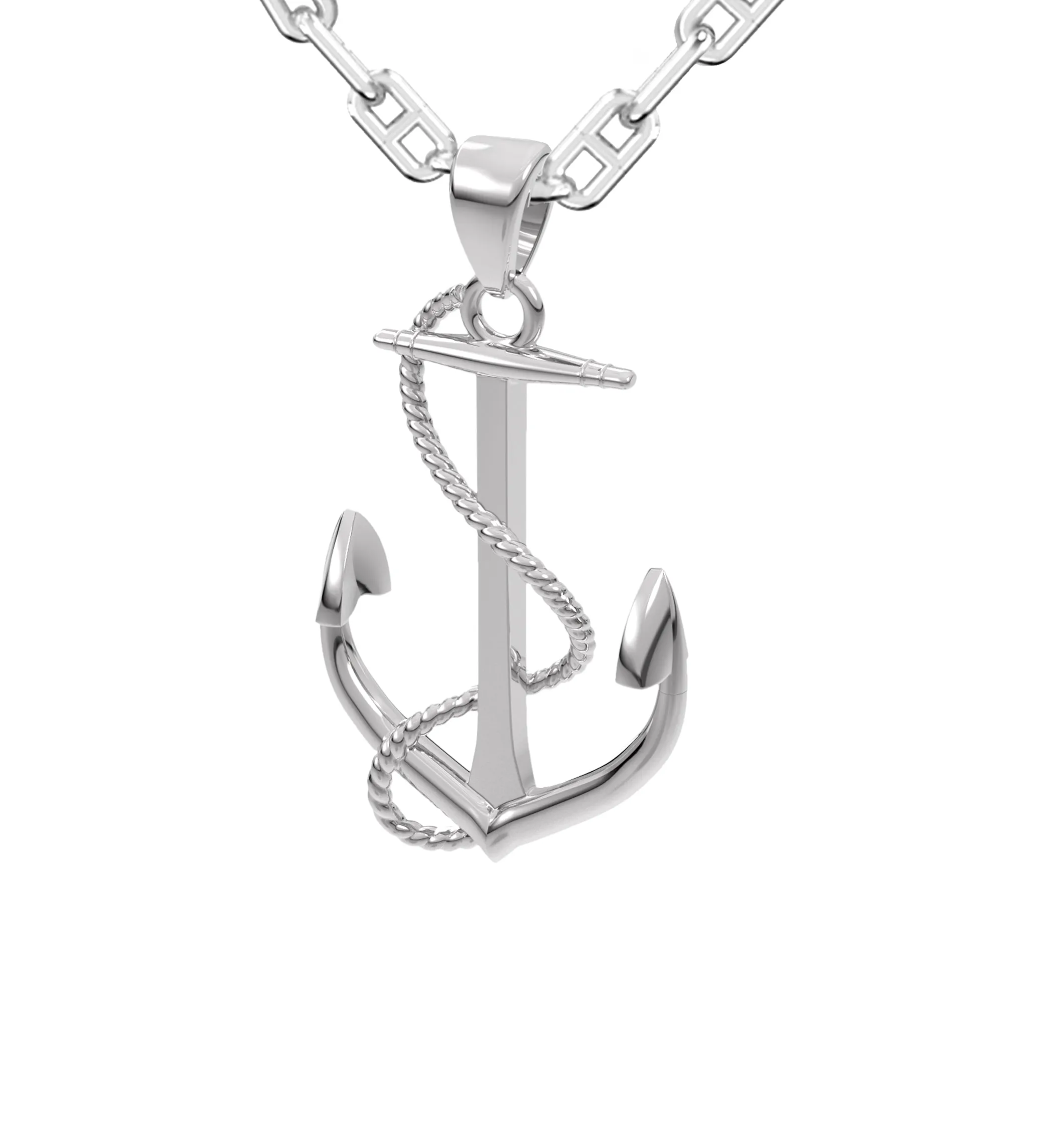 Men's 925 Sterling Silver High Polished Nautical Anchor Pendant Necklace, 30mm
