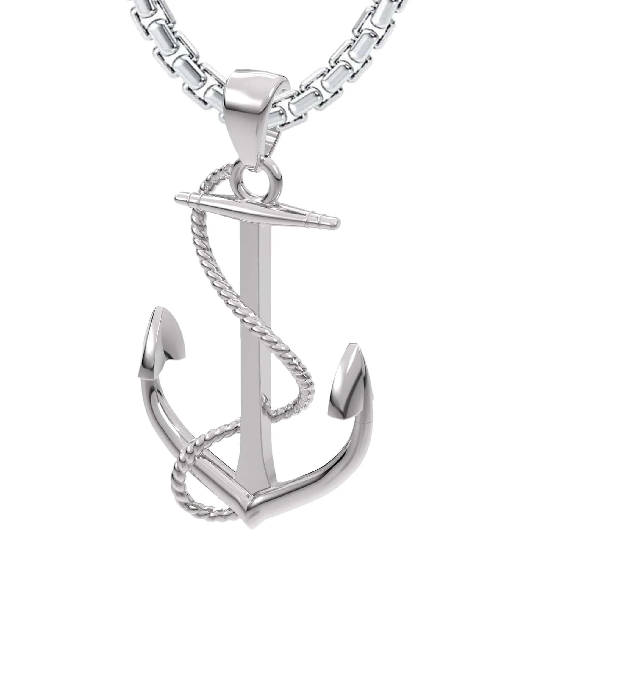 Men's 925 Sterling Silver High Polished Nautical Anchor Pendant Necklace, 30mm