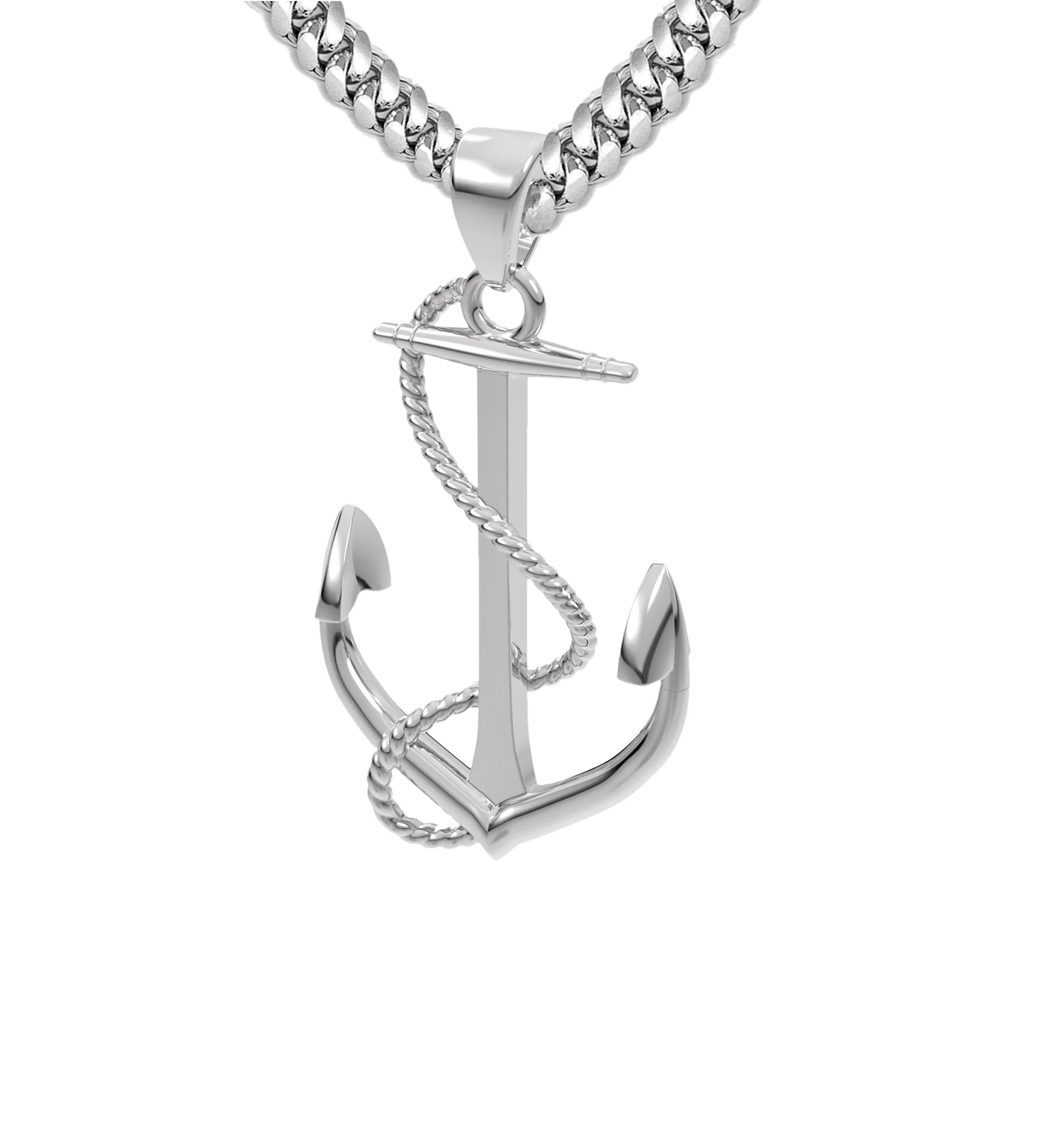 Men's 925 Sterling Silver High Polished Nautical Anchor Pendant Necklace, 30mm