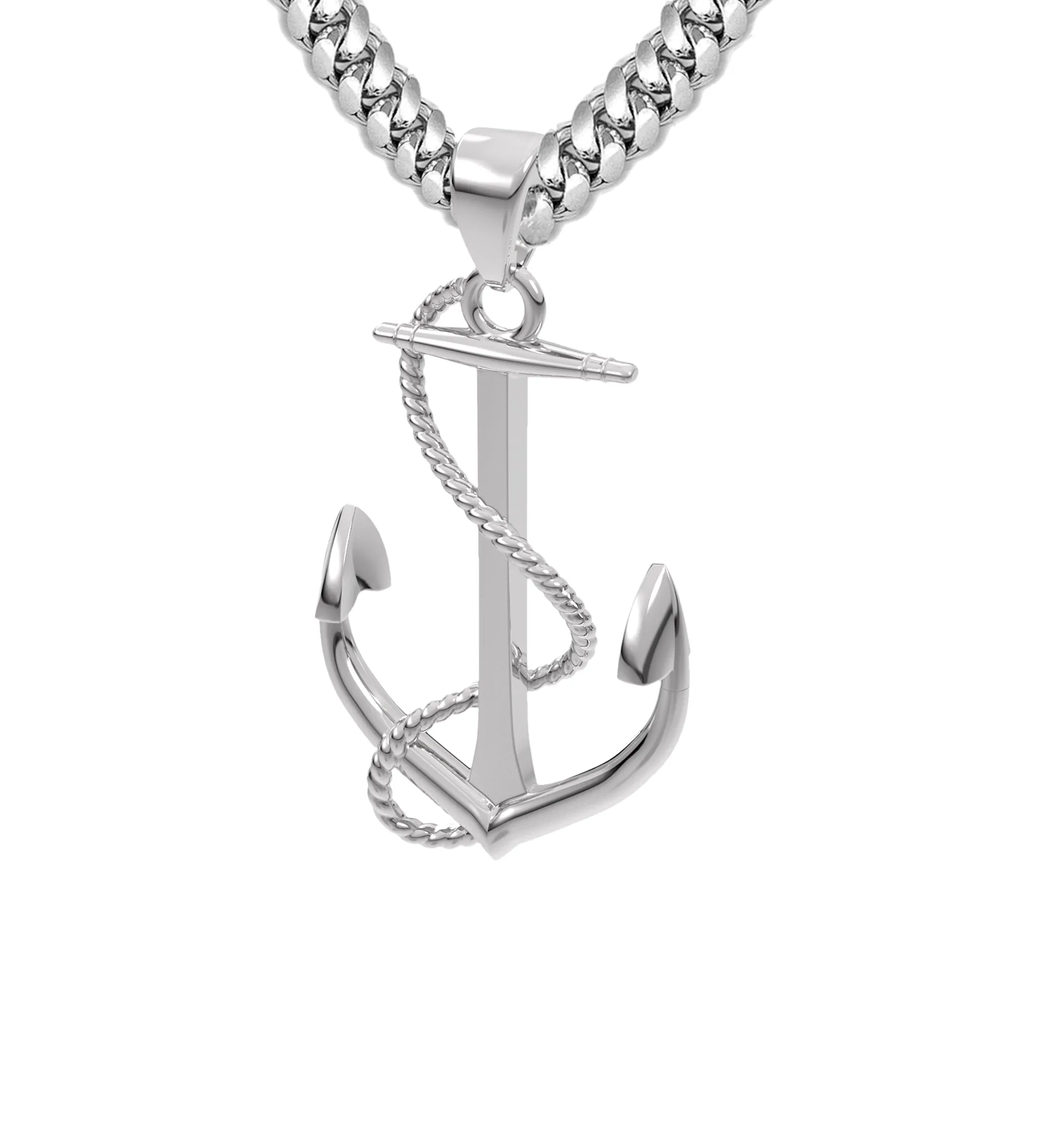 Men's 925 Sterling Silver High Polished Nautical Anchor Pendant Necklace, 30mm