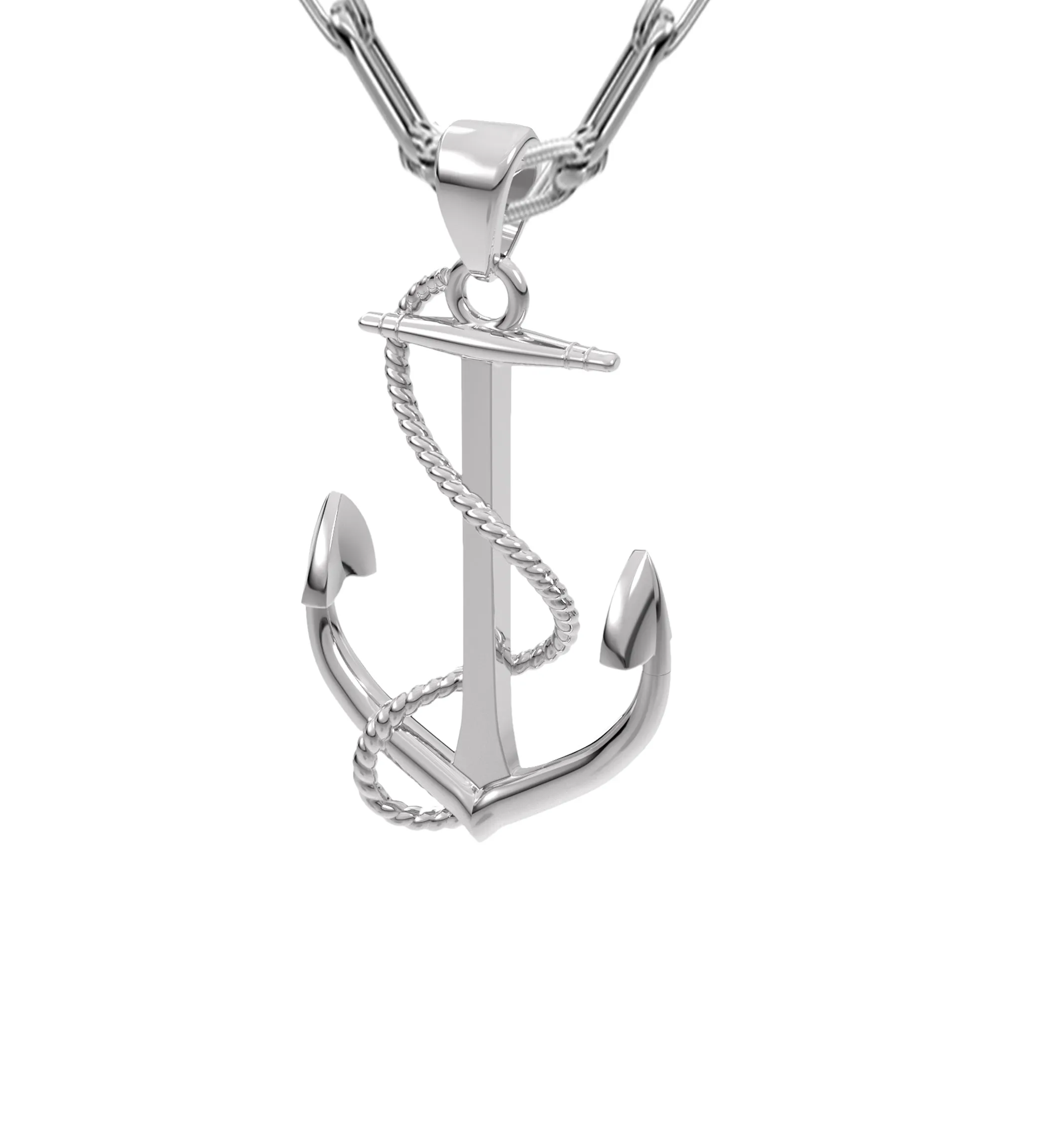 Men's 925 Sterling Silver High Polished Nautical Anchor Pendant Necklace, 30mm