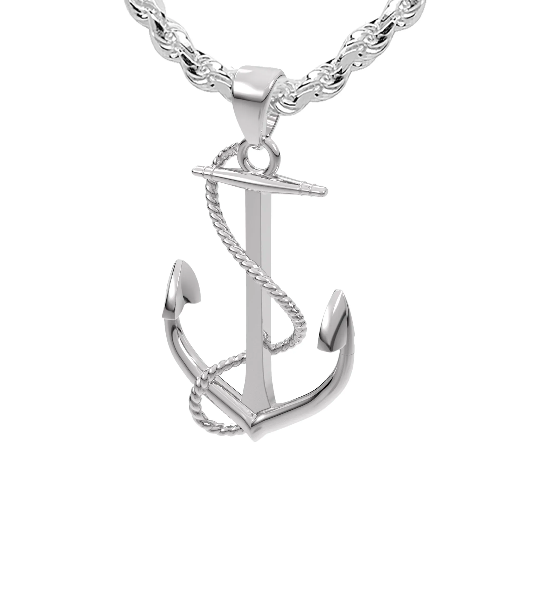 Men's 925 Sterling Silver High Polished Nautical Anchor Pendant Necklace, 30mm