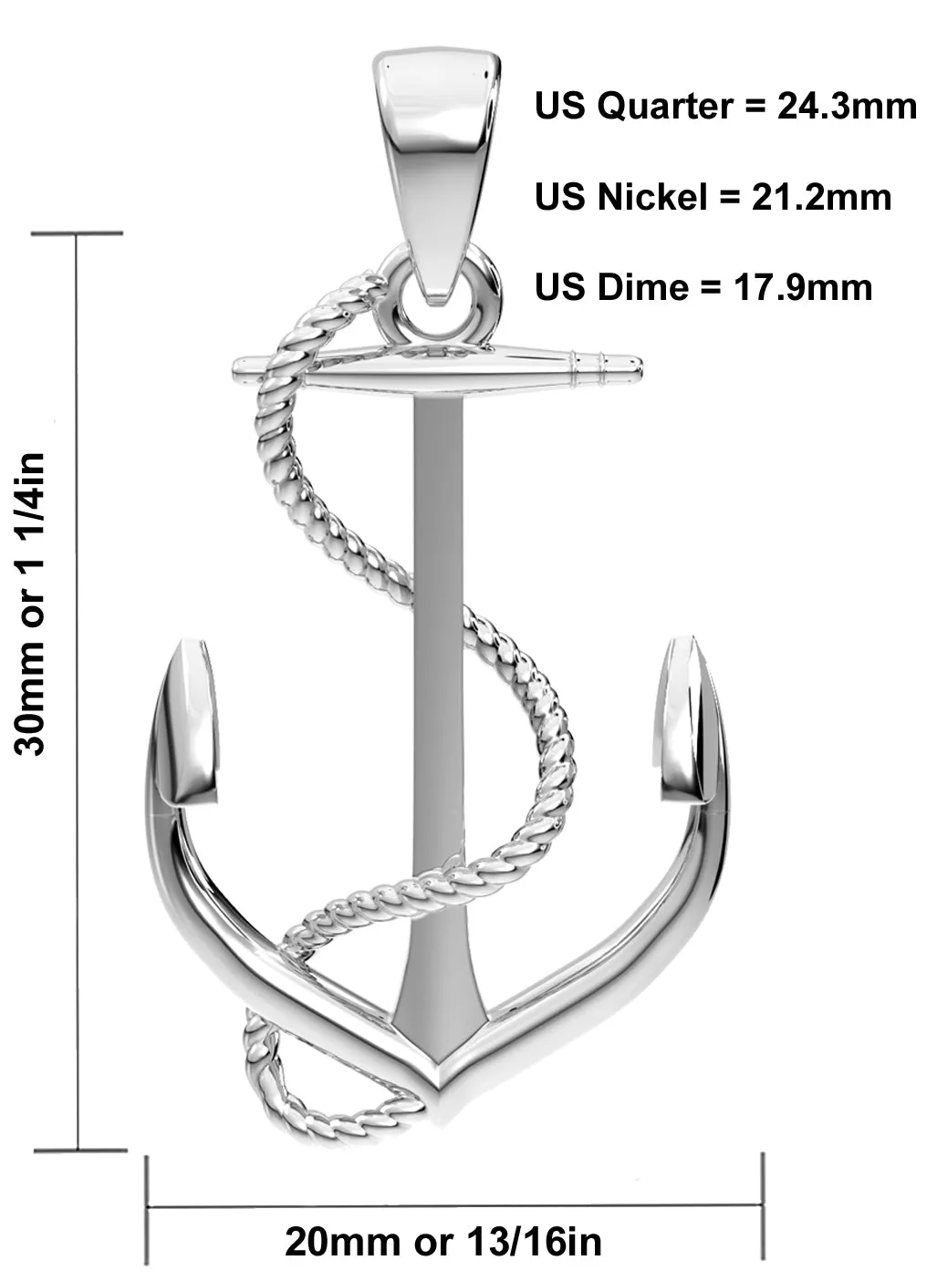 Men's 925 Sterling Silver High Polished Nautical Anchor Pendant Necklace, 30mm